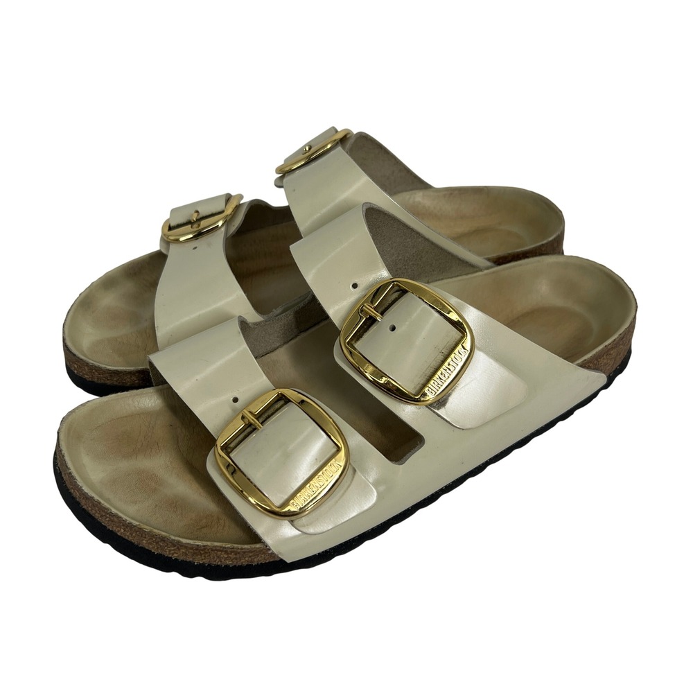 Birkenstock Arizona Big Buckle Cream Patent Leather Sandal Gold Hardware Womens